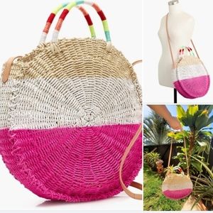 J Crew Straw crossbody natural woven purse Axalea pink Barbie hot pink